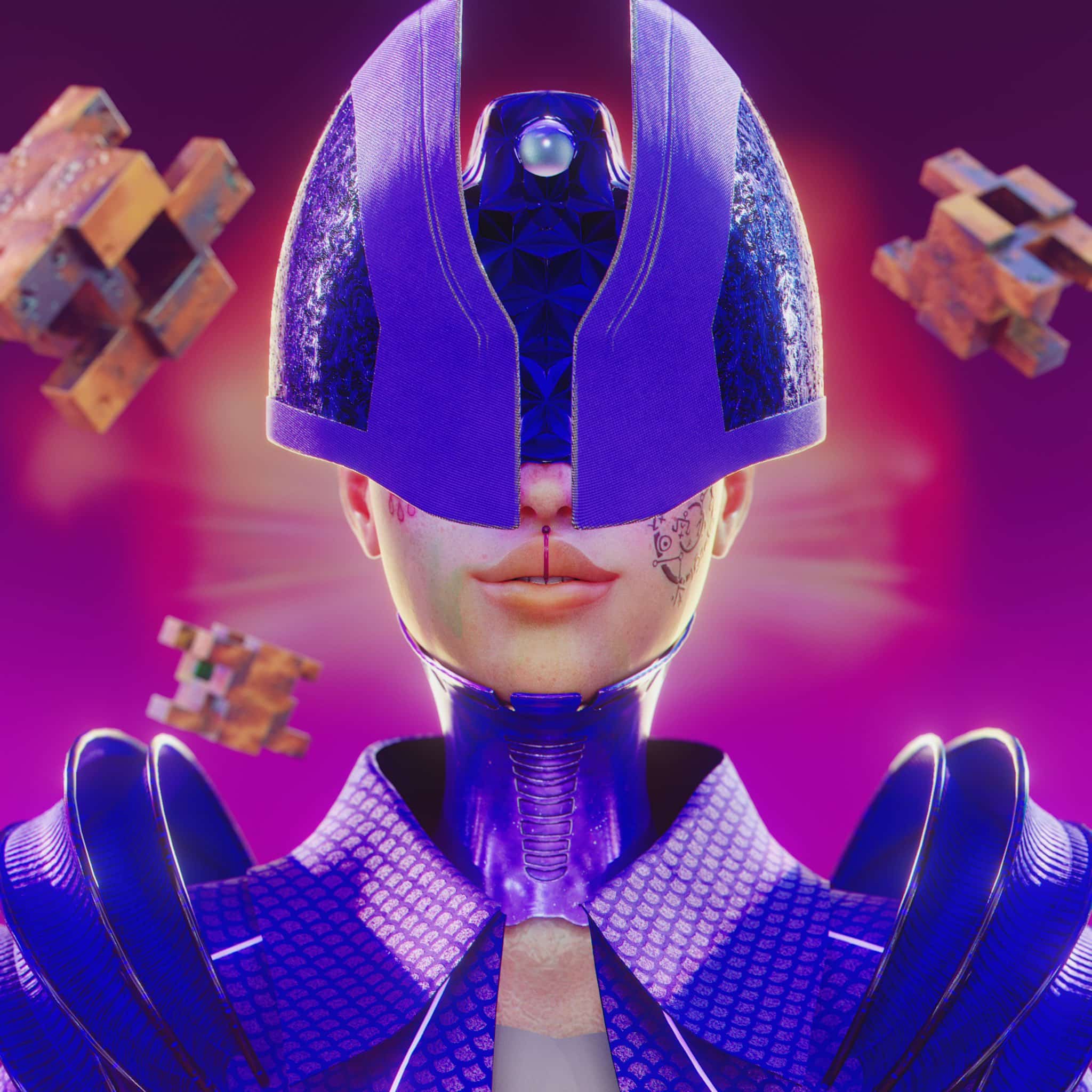 Image of a futuristic robot woman in a purple NFT mint