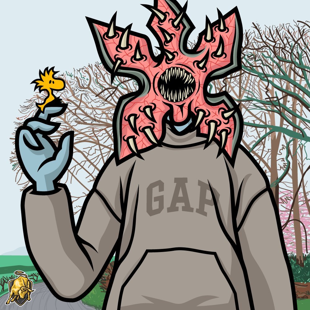 image of upcoming NFT mints Pop Cult cartoon character with monster head and GAP hoodie