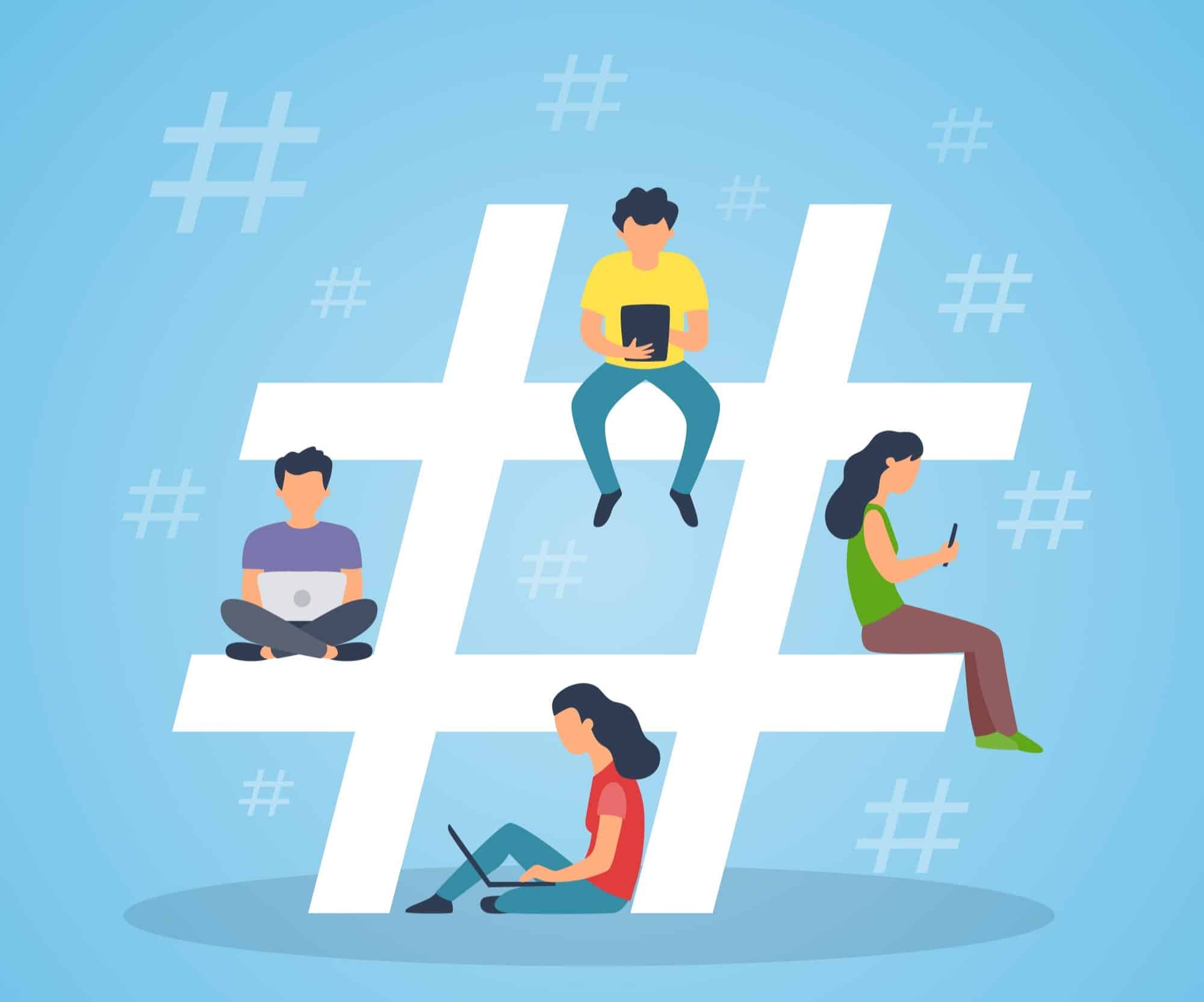 Digital abstract image of people sitting on a giant hashtag