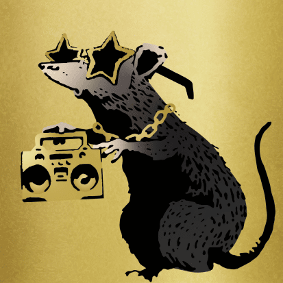 A Banksy NFT art image of a rat on a gold background
