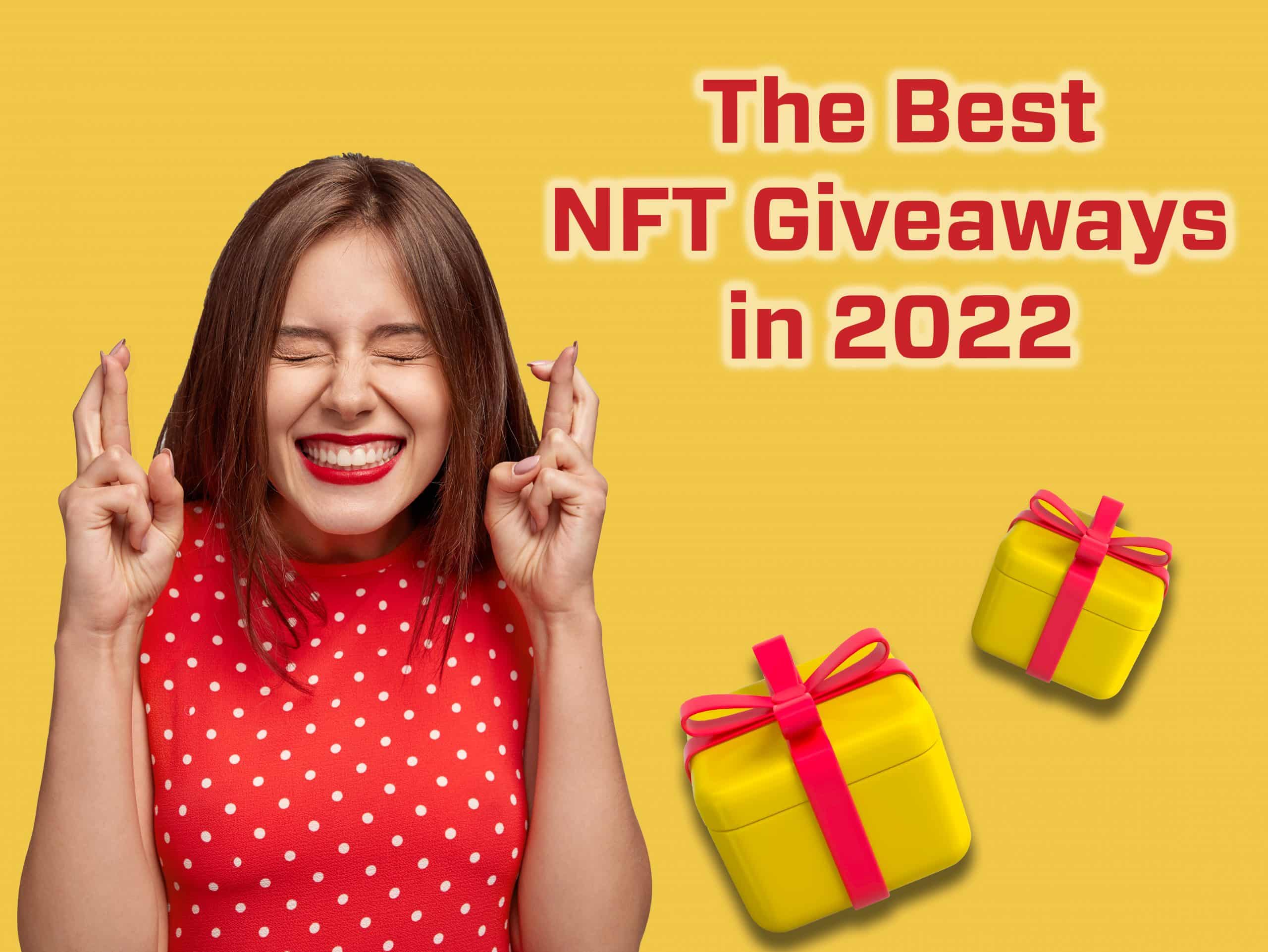 image of a woman alongside two gift boxes to conceptualize free NFT giveaways