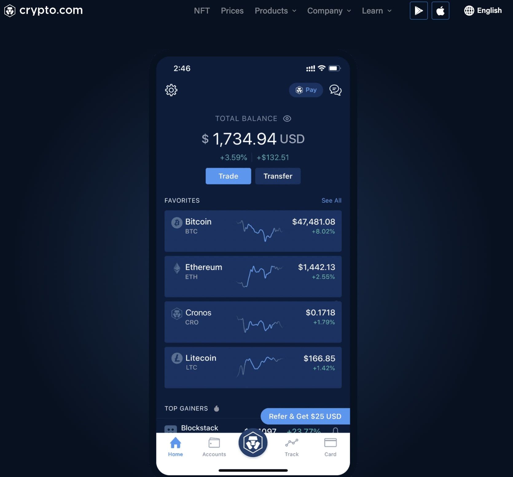 Screenshot of a cryptocurrency trading app