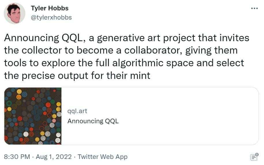 Twitter screenshot of Tyler Hobbs announcing his new platform, QQL