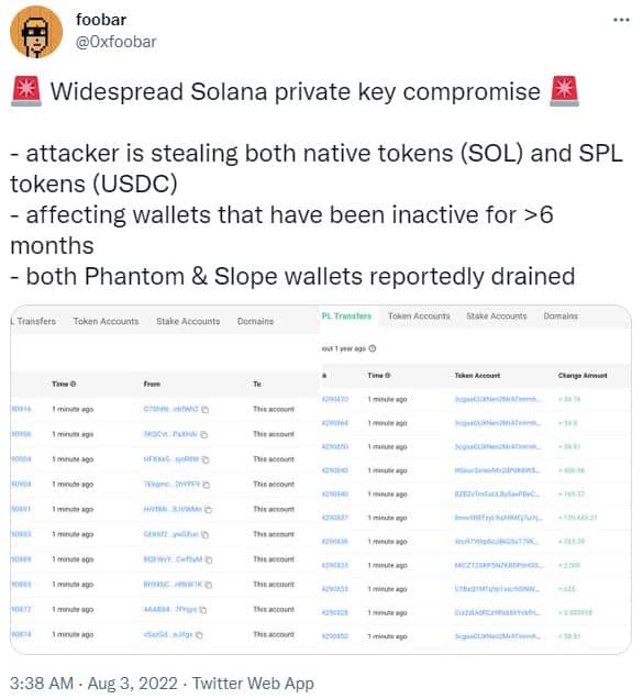 Twitter screenshot of a message related to the Solana hack