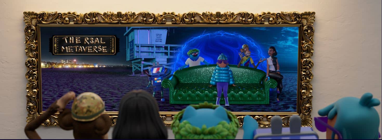 image of the r3al Metaverse characters looking at a framed poster of themselves