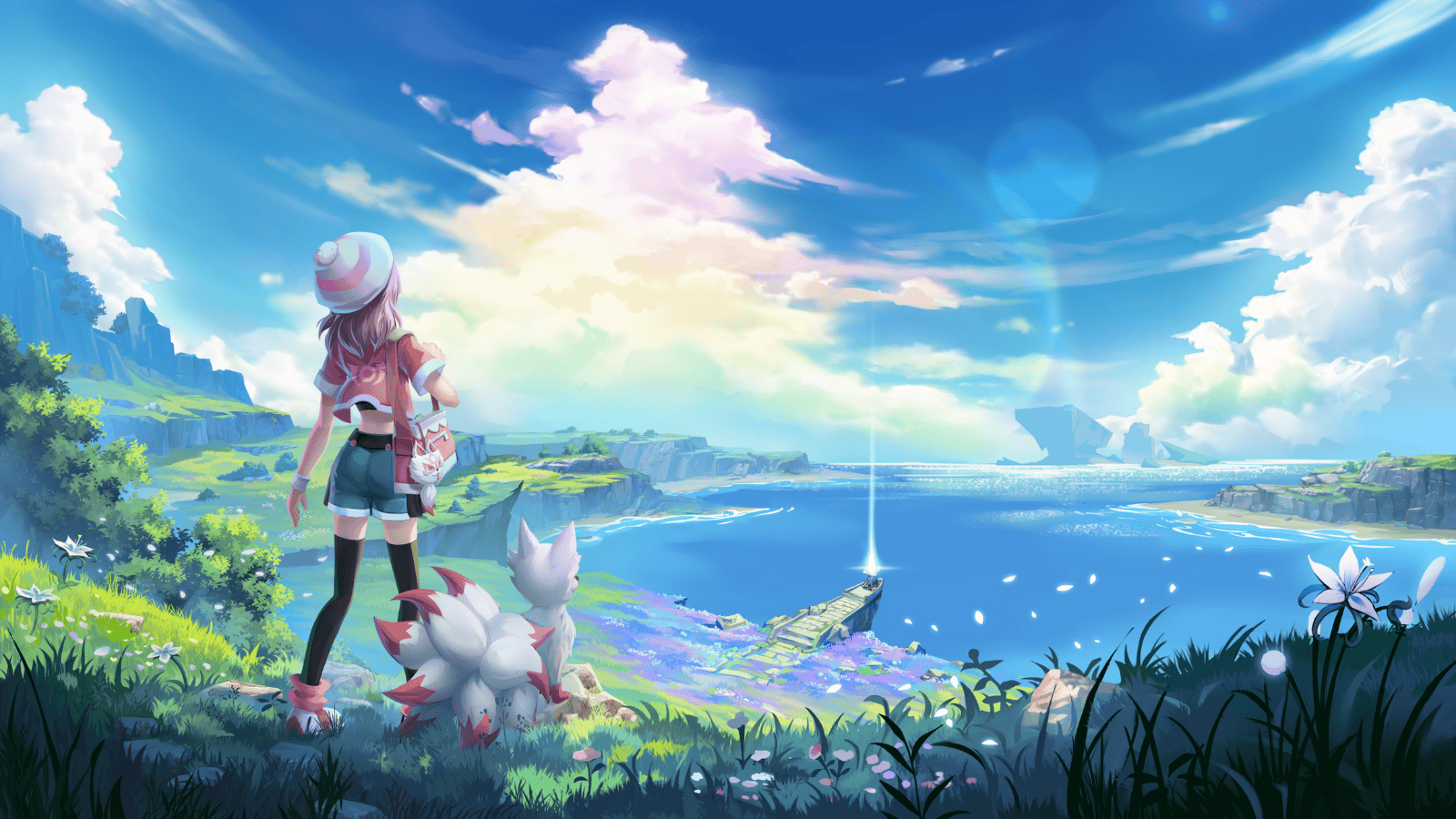 painted picture of a girl with long pink hair with a Kitsumon Kitsu, looking out into the distance at a lake surrounded by forests