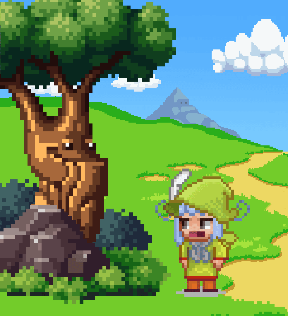 pixel character and a tree