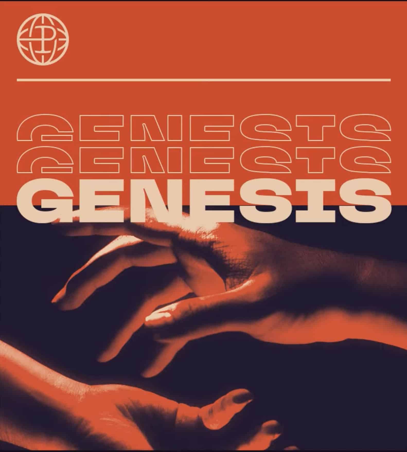 Two hands reaching with the word 'Genesis' repeated above