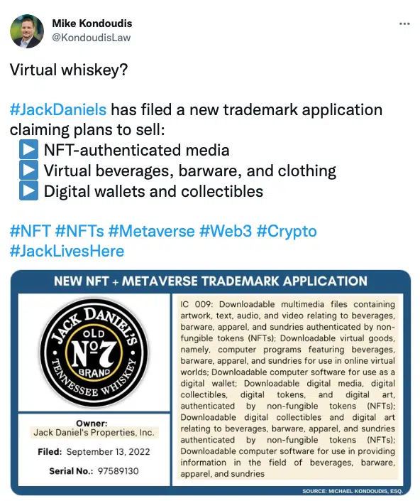 Tweet showing Jack Daniels NFT trademark application