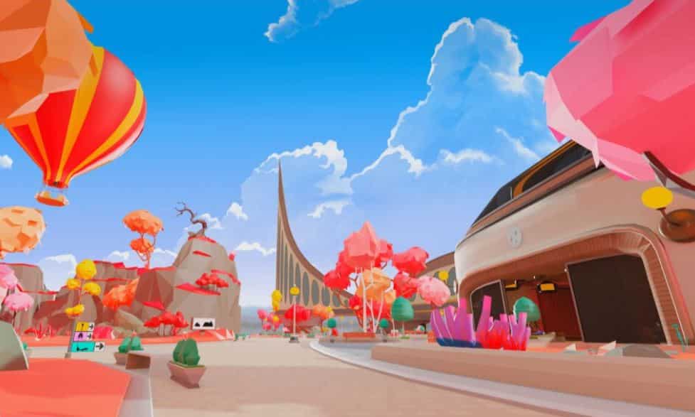image of a street with hot air balloons from the Dating.com metaverse experience