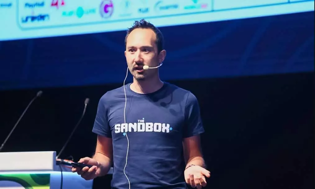 image of the Sandbox founder speaking at a Web3 conference