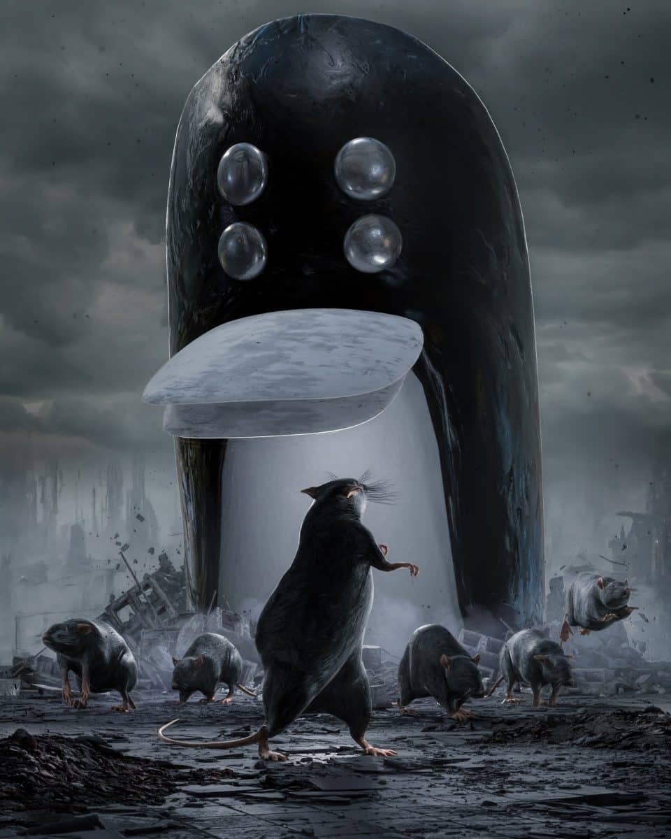 image of a large penguin creature with rats in the foreground Beeple hack