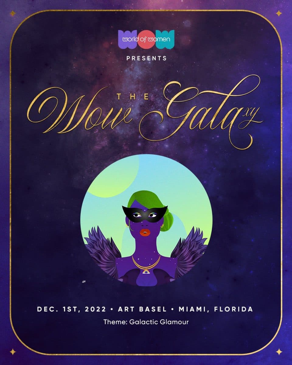 Afiche de la gala de WoW con el avatar de World of women en morado