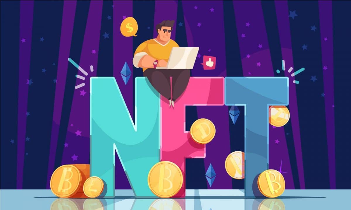An illustration of a person sitting on an NFT logo