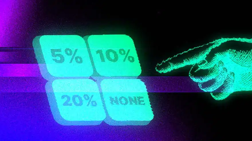 image of a finger pointing at 4 different green squares with percentages '5%, 10%, 20% and none' to illustrate NFT Fees