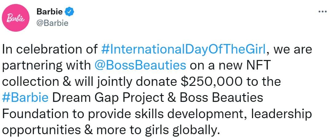 Twitter screenshot of a NFT announcement by Barbie on its collection with Boss Beauties