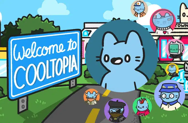 an imagine of a cat from cool cats and a benner with "welcome to cooltopia" to represent the new investment from animoca brands
