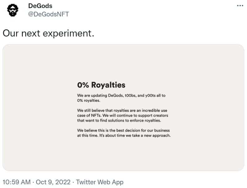 Twitter screenshot of a DeGods 0% royalties announcement 
