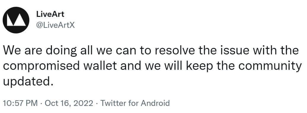 Anuncio en Twitter de la plataforma LiveArtX NFT sobre su pirateo de billetera para todos los titulares de Seven Treasures