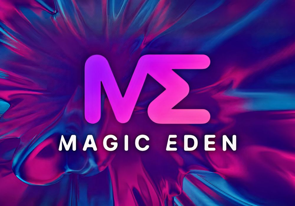 Imagen del logo de Magic Eden con fondo colorido, hackathon.