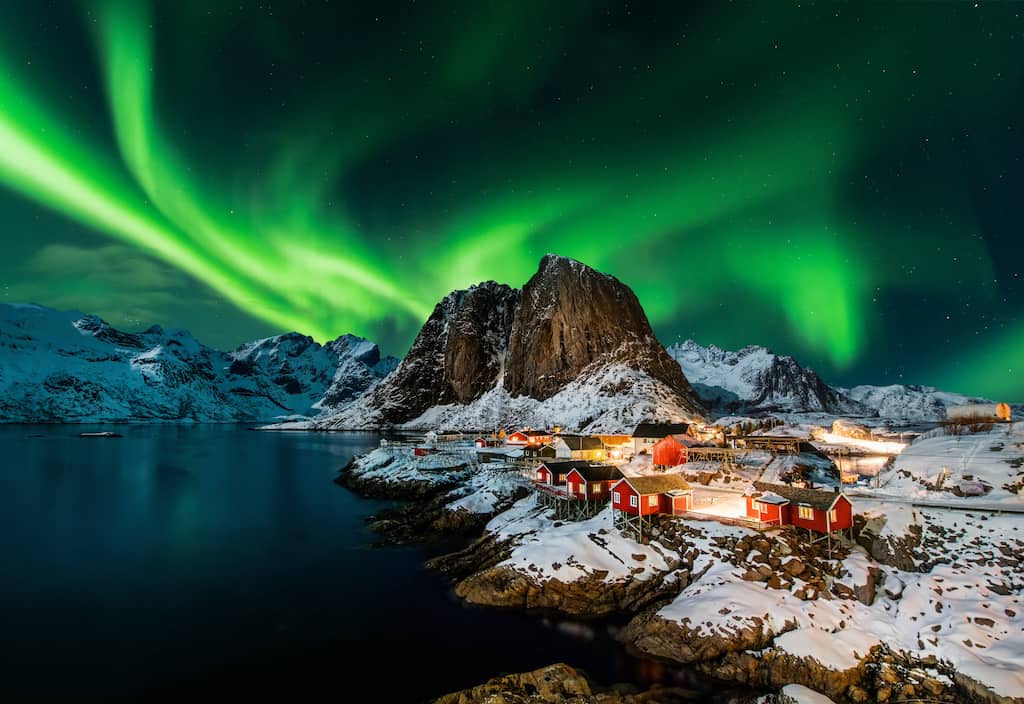 Image of Norway skyline with aurora borealis metaverse 