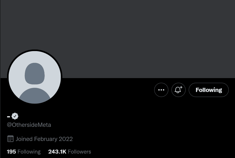 Twitter oficial de Otherside, que muestra una foto de perfil en blanco y una portada de página de Twitter en blanco