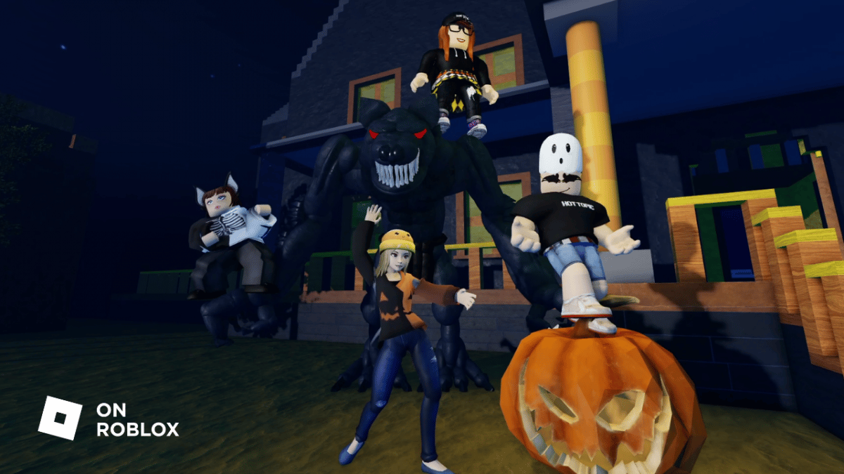 Personajes de juegos de Roblox con productos digitales de actualidad para celebrar Halloween.