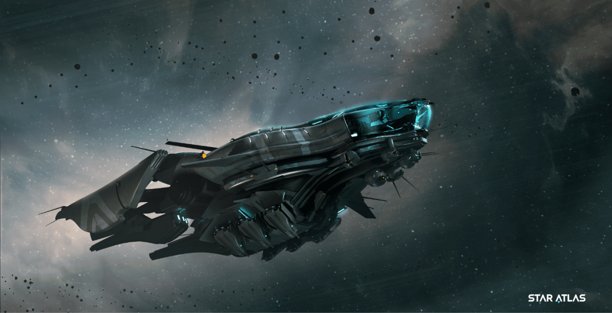 There is a gray spaceship with neon blue windows floating through space. The ship is being up for sale by Atlast Games as an NFT in response to the FTX fallout.