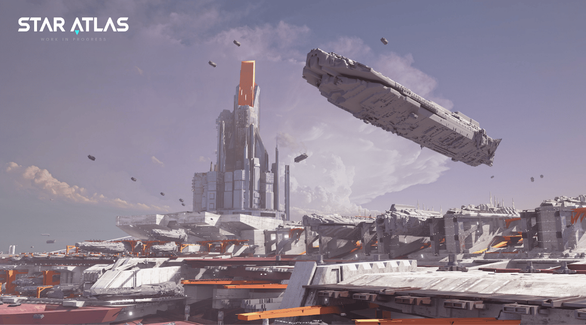 A futuristic space colony with a large tower in the background sits against a gray sky. There is a large ship in the air that is being sold by Atlas Games as an NFT despite the FTX fallout.