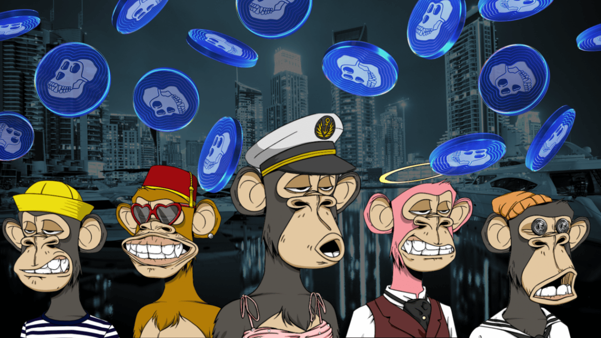 Imagen de los personajes de Bored Ape Yatch Club NFT con APECoins azules lloviendo en el fondo