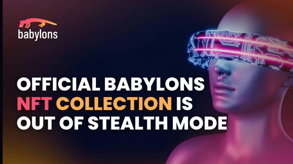 Texto de la colección NFT de Babylon con una IA con gafas virtuales en el fondo