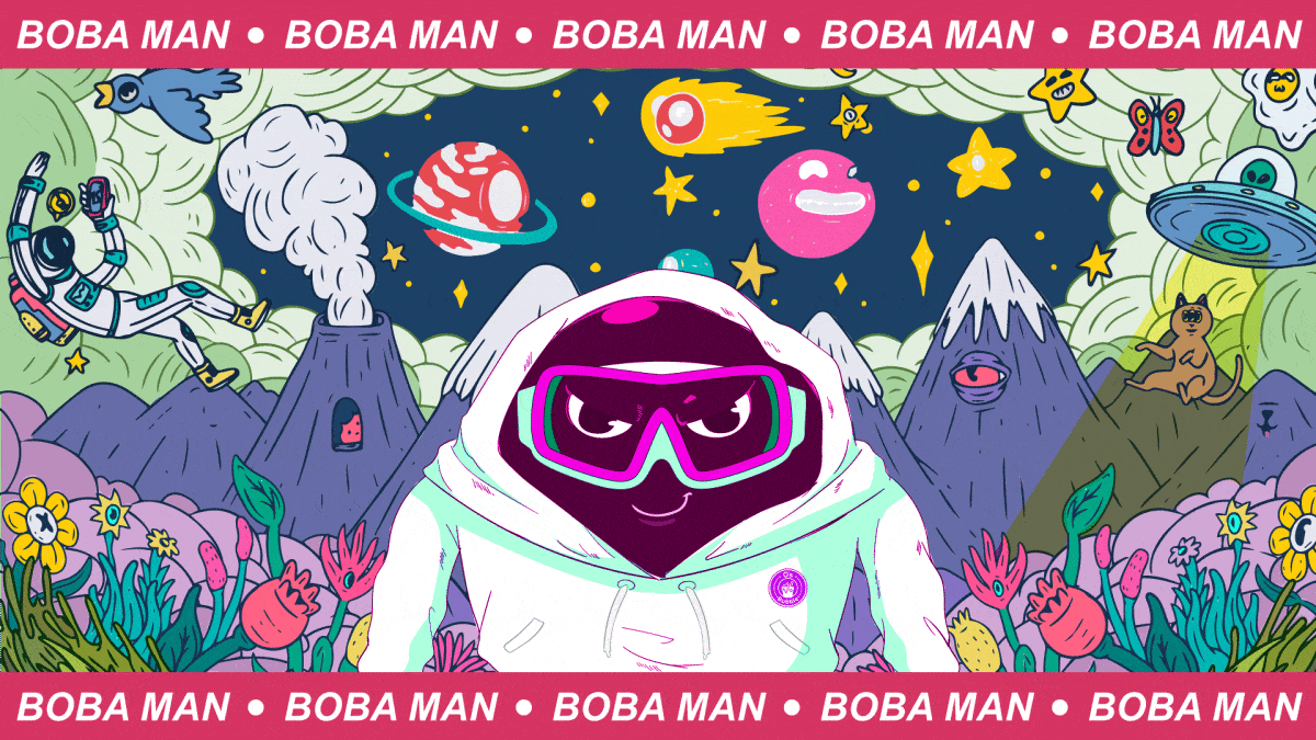 Image of a Boba Tea Pearl, Boba Man, in a futuristic space planet
