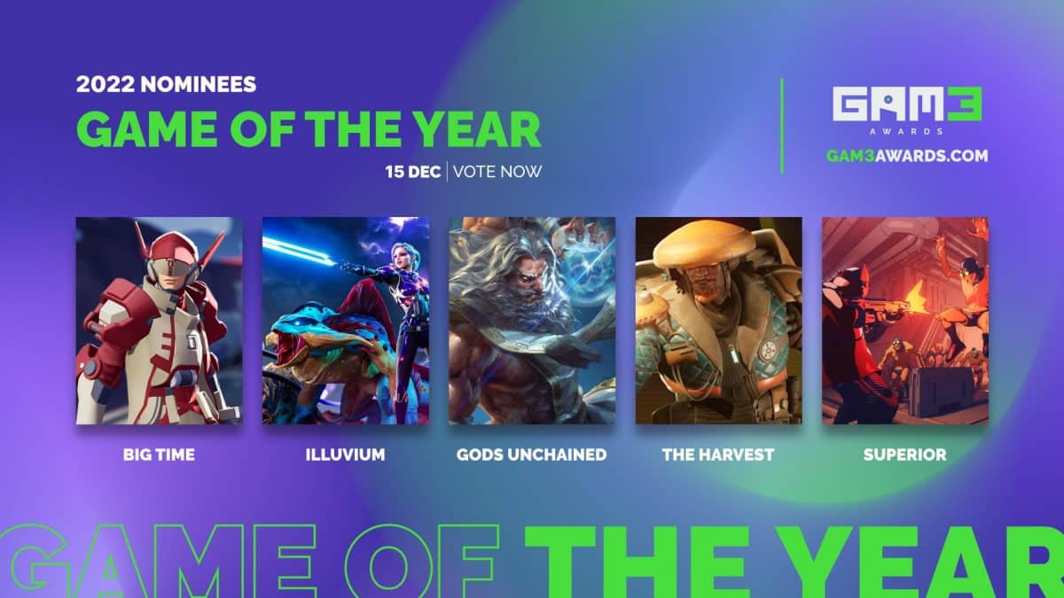 Characters from five games are illuminated against a purple background for the 2022 GAM3 Game of the Year Award Nominees.