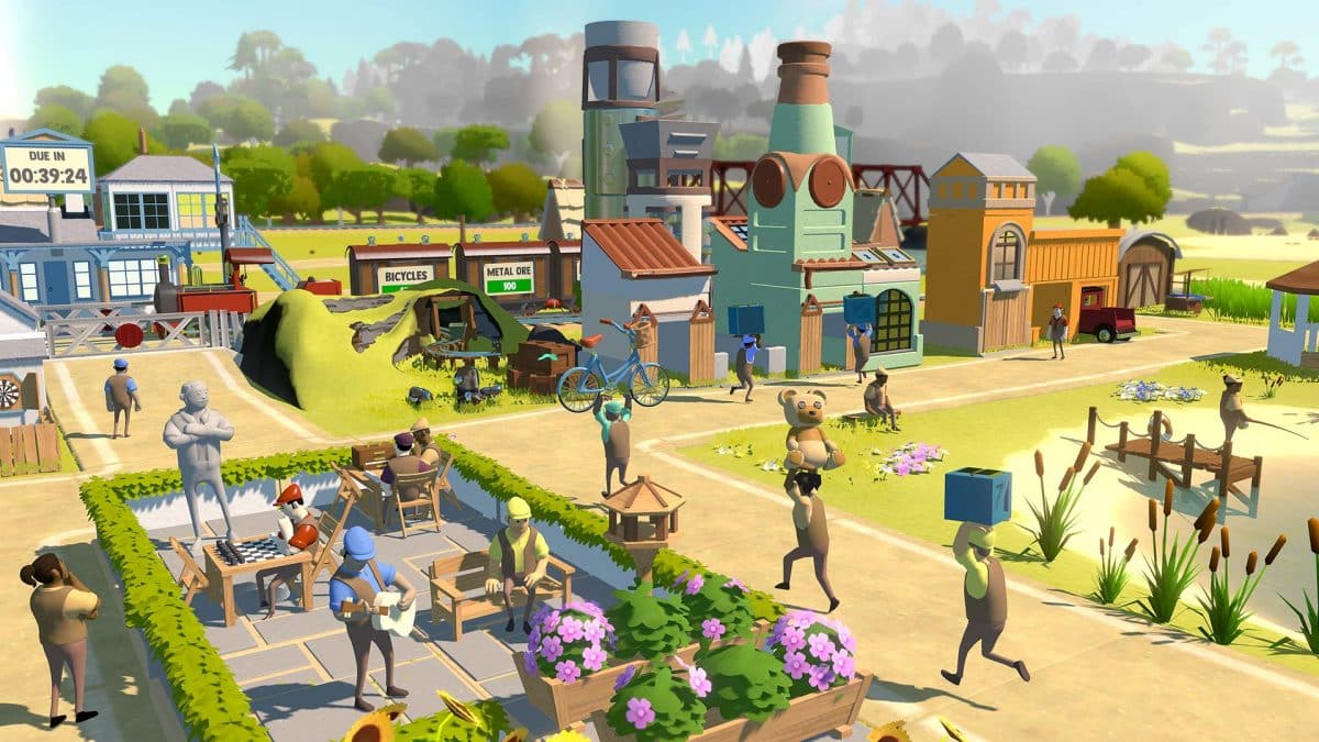 Usuarios de Gala Games que llevan objetos como una bicicleta y un cubo.  Están trabajando en la construcción de una pequeña plaza de pueblo.