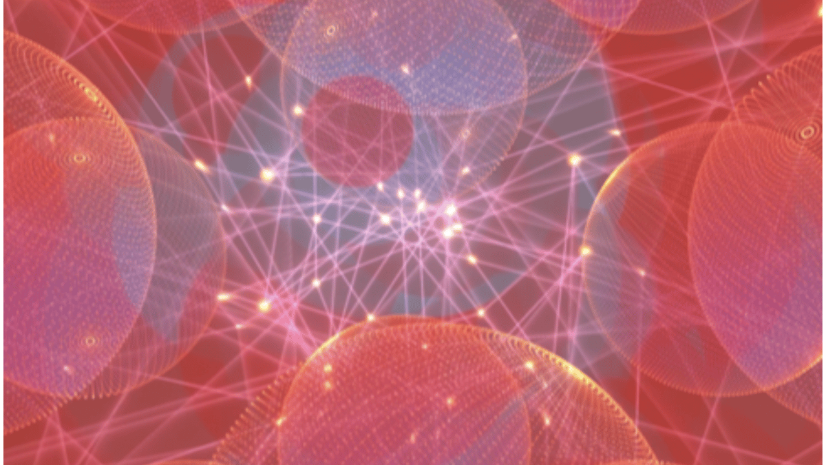 Una imagen que representa a Leo Villareals "Cósmico" NFT con una combinación de colores naranja y azul y diferentes líneas y puntos en forma de estrella que se cruzan entre sí en intersecciones aleatorias.