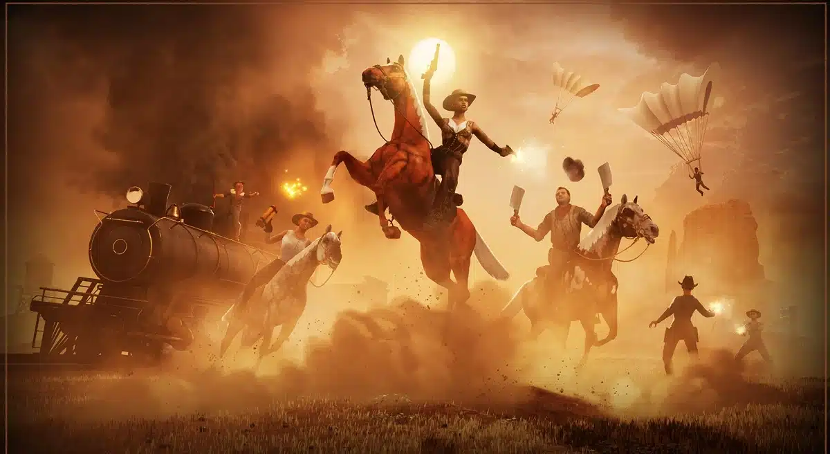 An advertisement for the Gala Games with a western scene.  There is a train on the left, three cowboys on horses in the center, and a man parachuting into the stage on the right.  There is dust and orange light.