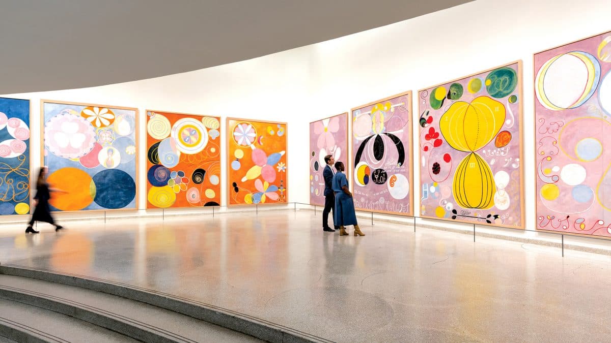 a picture of museum walls decorated with Hilma af Klint's artworks