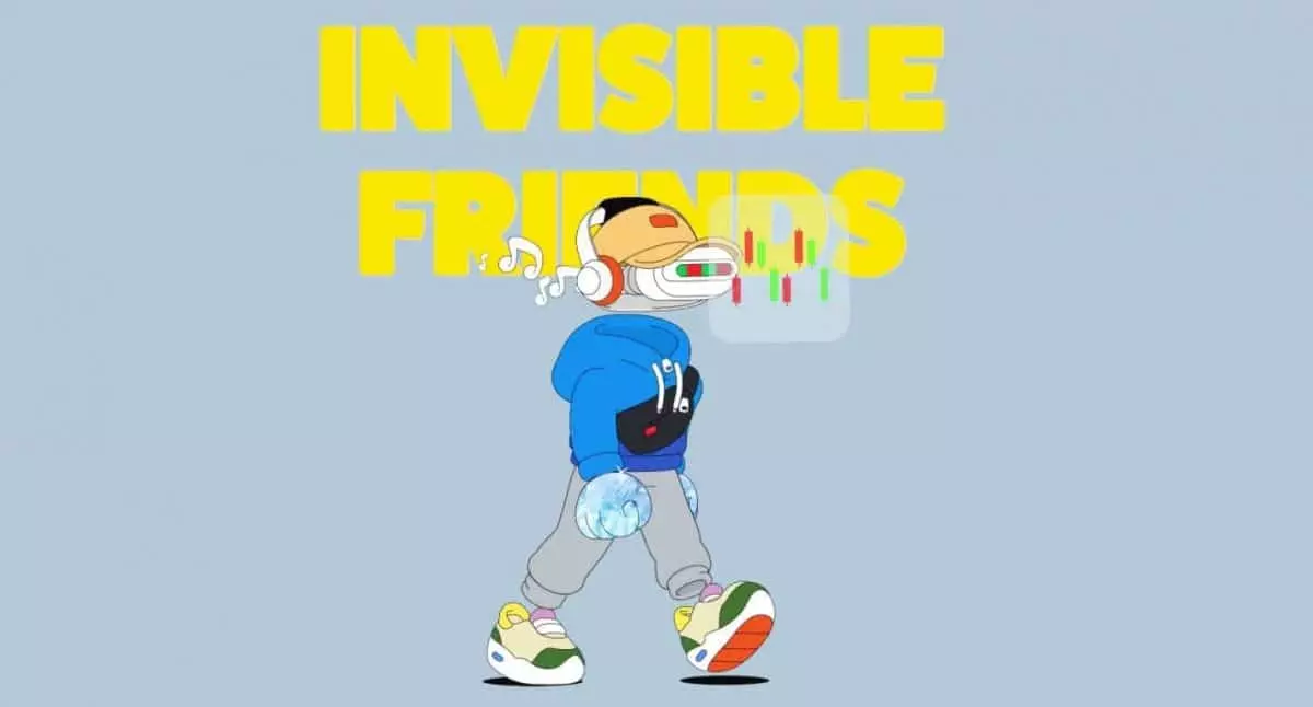 a picture of an "invisible friend" NFT where the skin of the character is invisible but is wearing a hoodie, track pants, sneakers, and "diamond hand" gloves