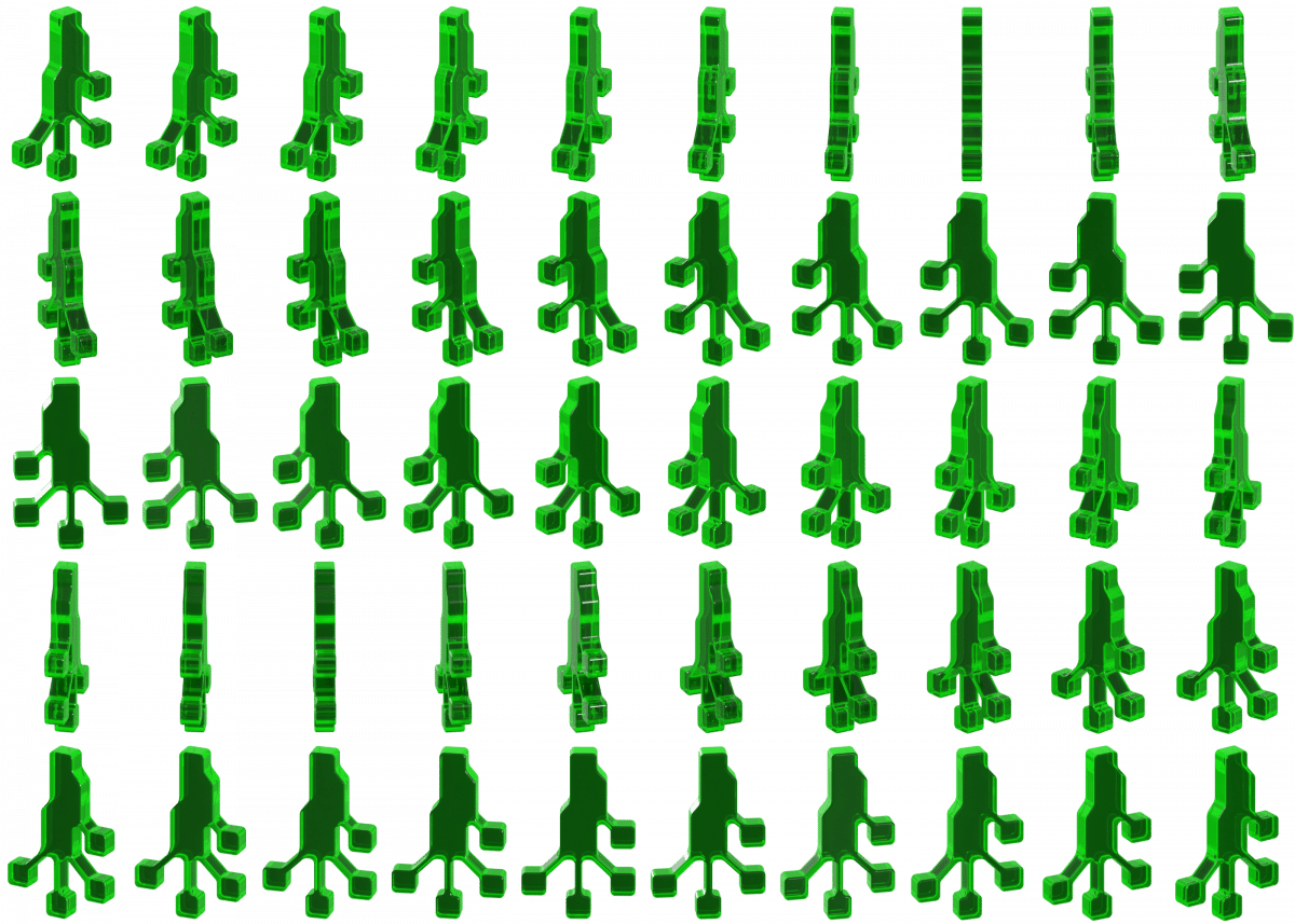 Hay una serie de figuras digitales en una fila, cayendo en cascada hacia abajo.  Son verdes y parecen tentáculos.