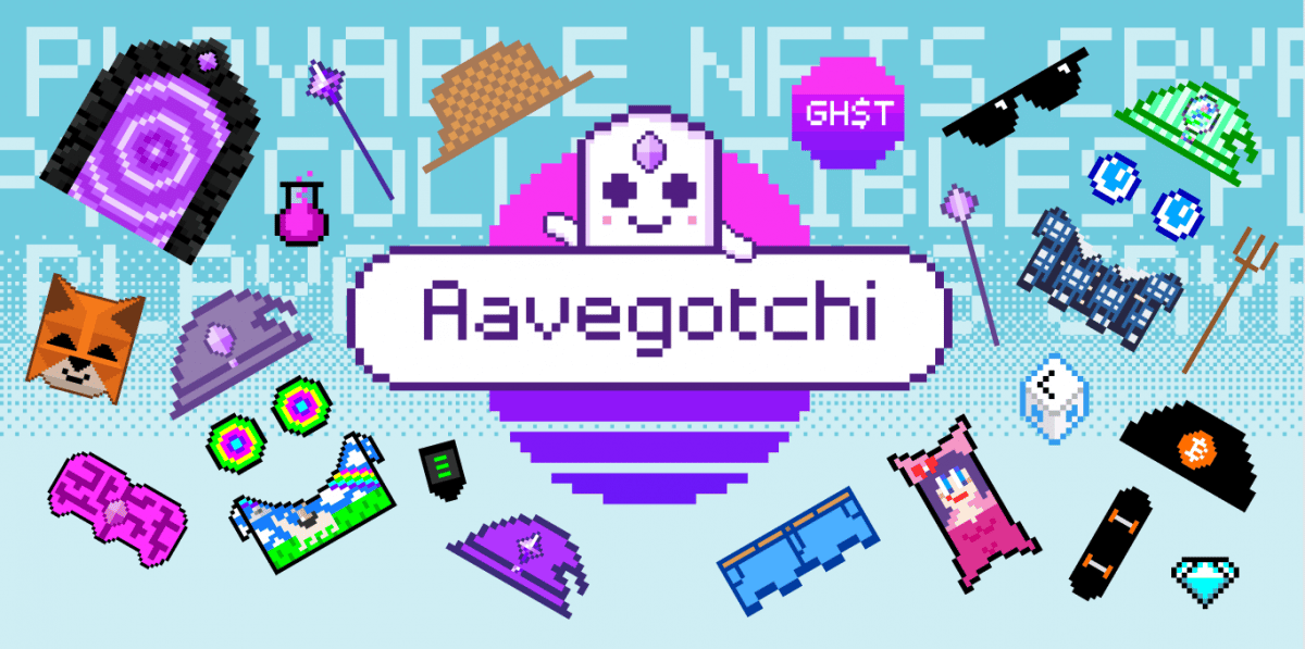 A cartoon ghost waves from a digital sunset in support of Aavegotchi Christmas Merch.