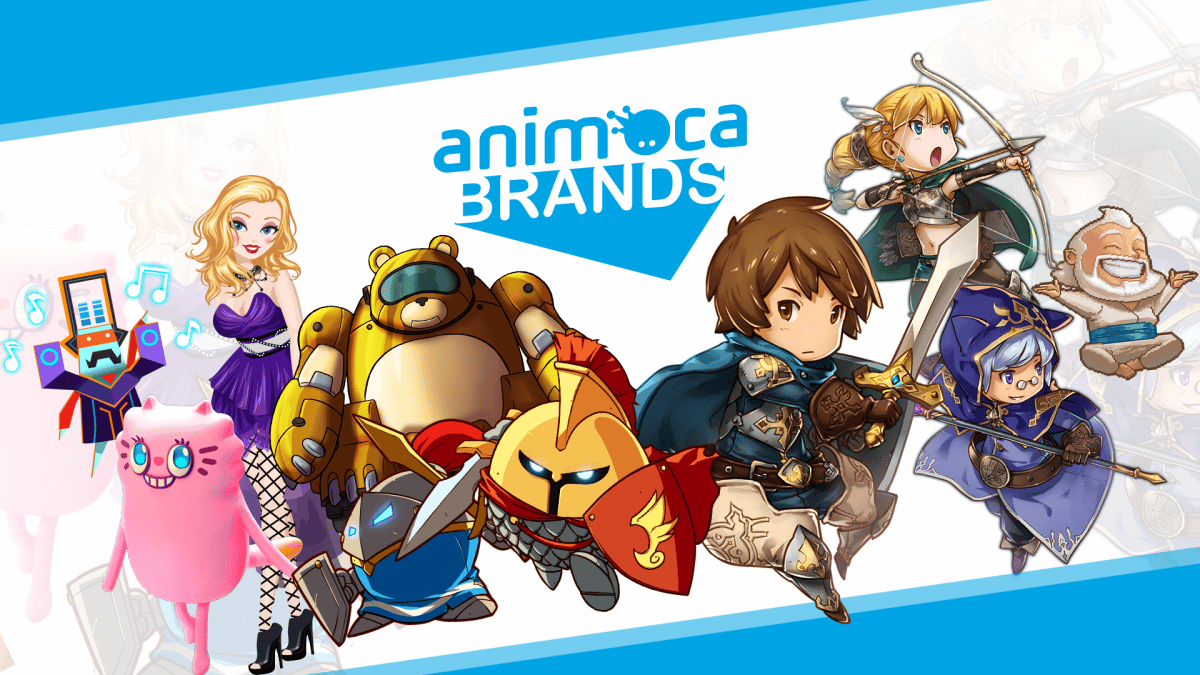 Una serie de personajes de dibujos animados se paran frente a un fondo blanco para Animoca Brands.
