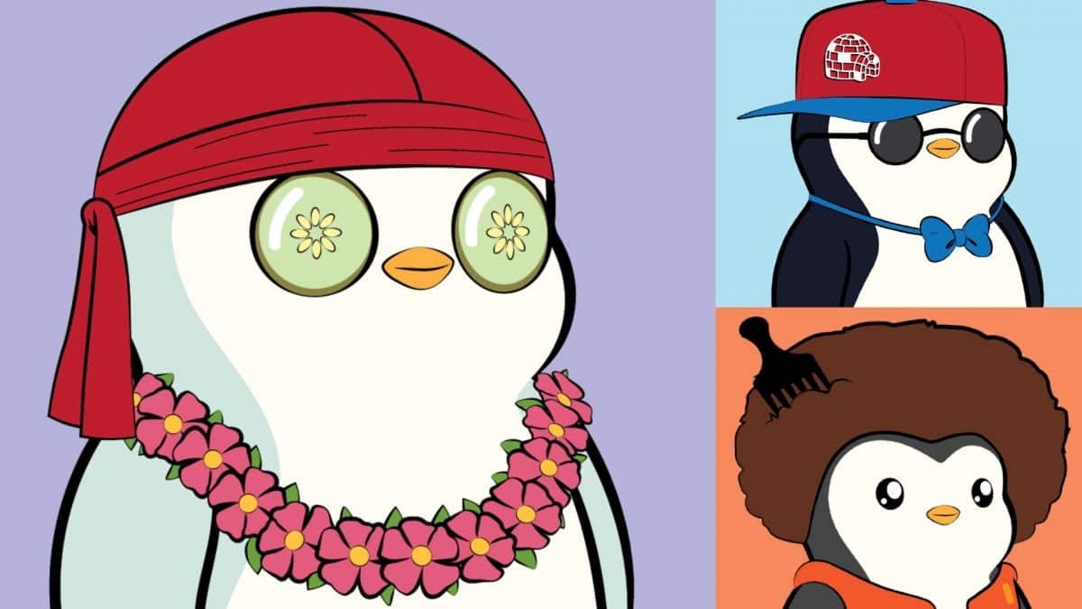 Tres pingüinos de dibujos animados de diferentes orígenes se unen en una sola imagen.