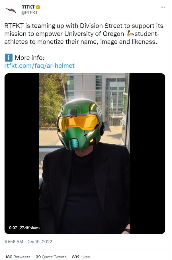 Official announcement for the RTFKT AR helmet on Twitter
