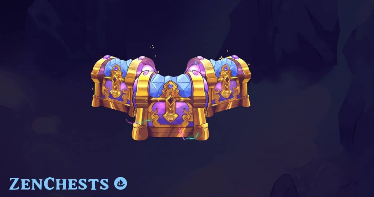 Three multi-color chests hover in front of a dark blue background in support of ZenAcademy's ZenChests Summoning.