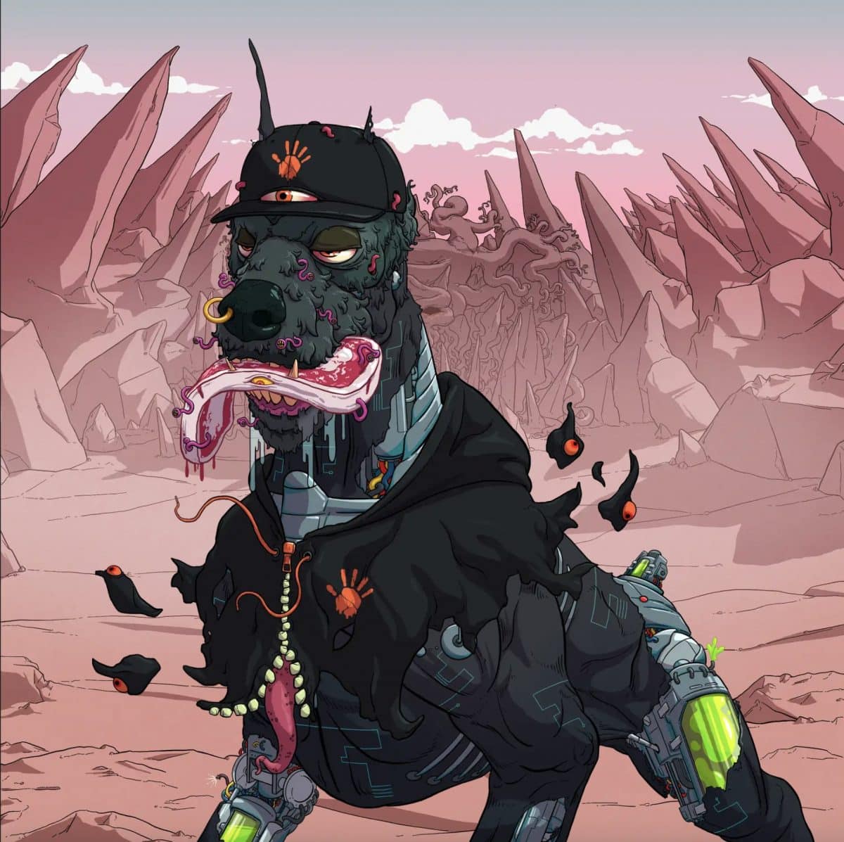 A cartoon mutant dog stands in a desert field with a slab of meat in its mouth.