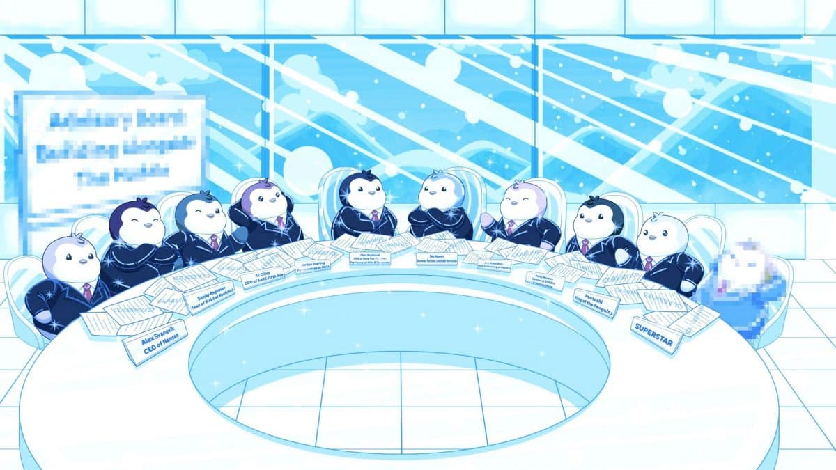 Un grupo de pingüinos de dibujos animados se sienta alrededor de una mesa en apoyo del vlog de Pudgy Penguins, Building in Public.