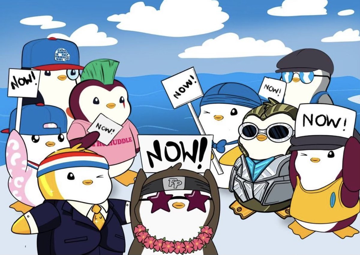 Un grupo de pingüinos de dibujos animados sostienen carteles mientras flotan en un iceberg.
