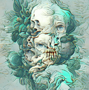 Slika plavog dima i lubanje od AI umjetnika Bottoa, kreatora NFT umjetnosti