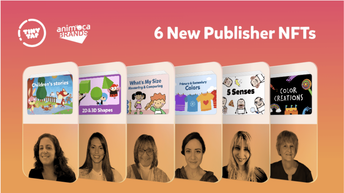 A screenshot of the 6 new Publisher NFTs by TinyTap and Animoca Brands