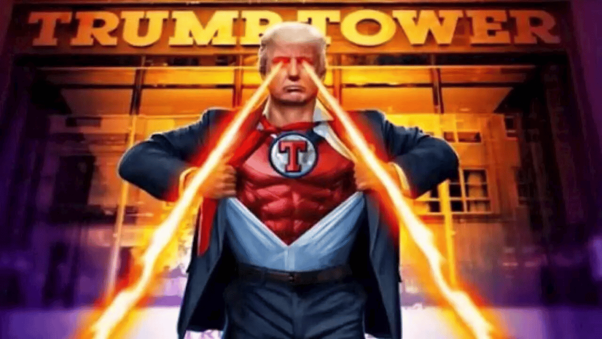 Un ejemplo de una imagen de la colección NFT de Donald Trump.  Donald Trump está rompiendo un traje negro para revelar un disfraz de superhéroe debajo con un signo "T" en el pecho.